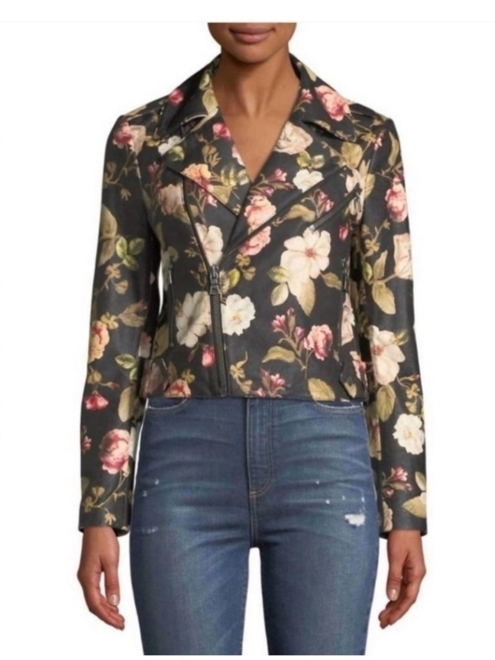 Alice + Olivia Black Cody Floral Leather Jacket